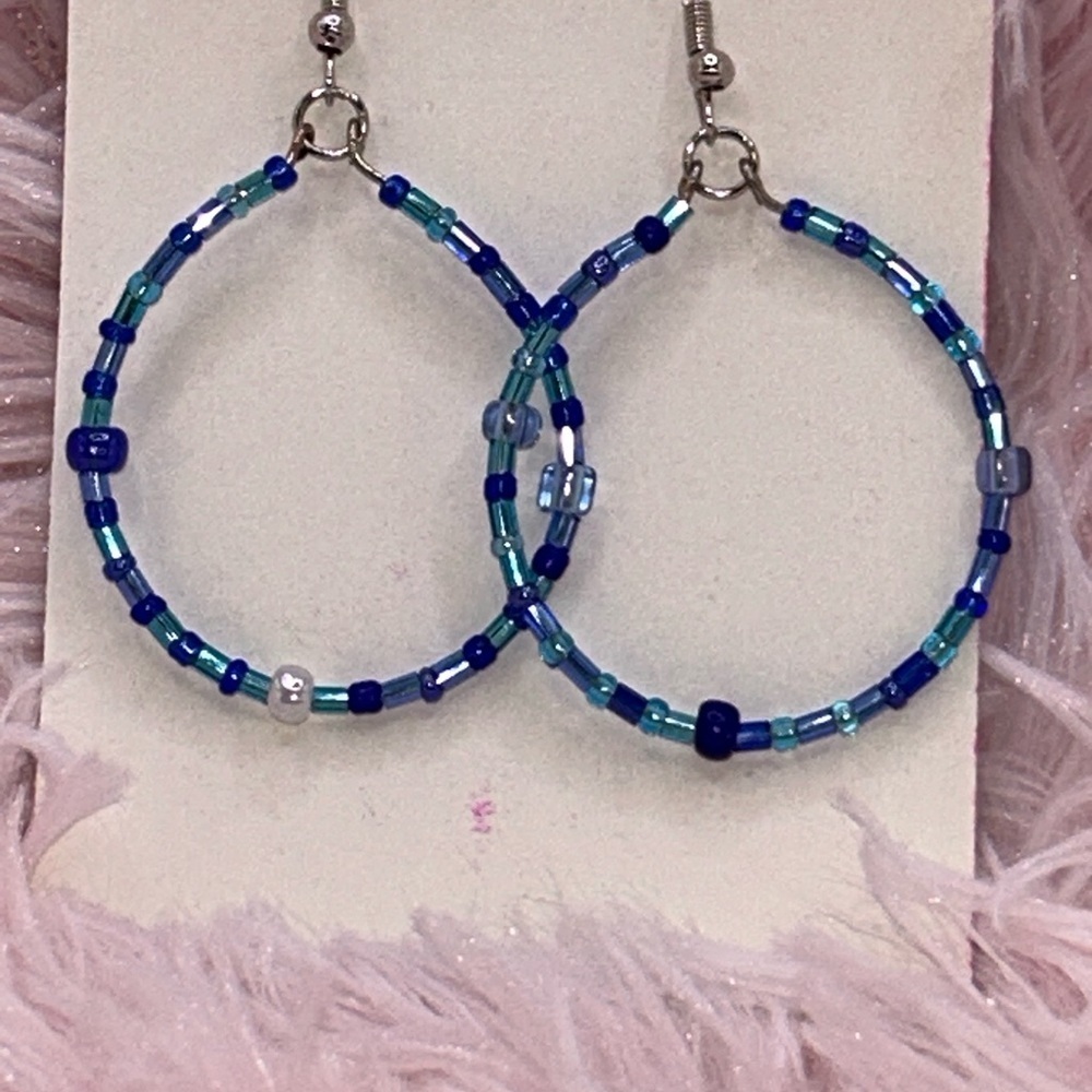 Blue Beaded Hoop Earrings